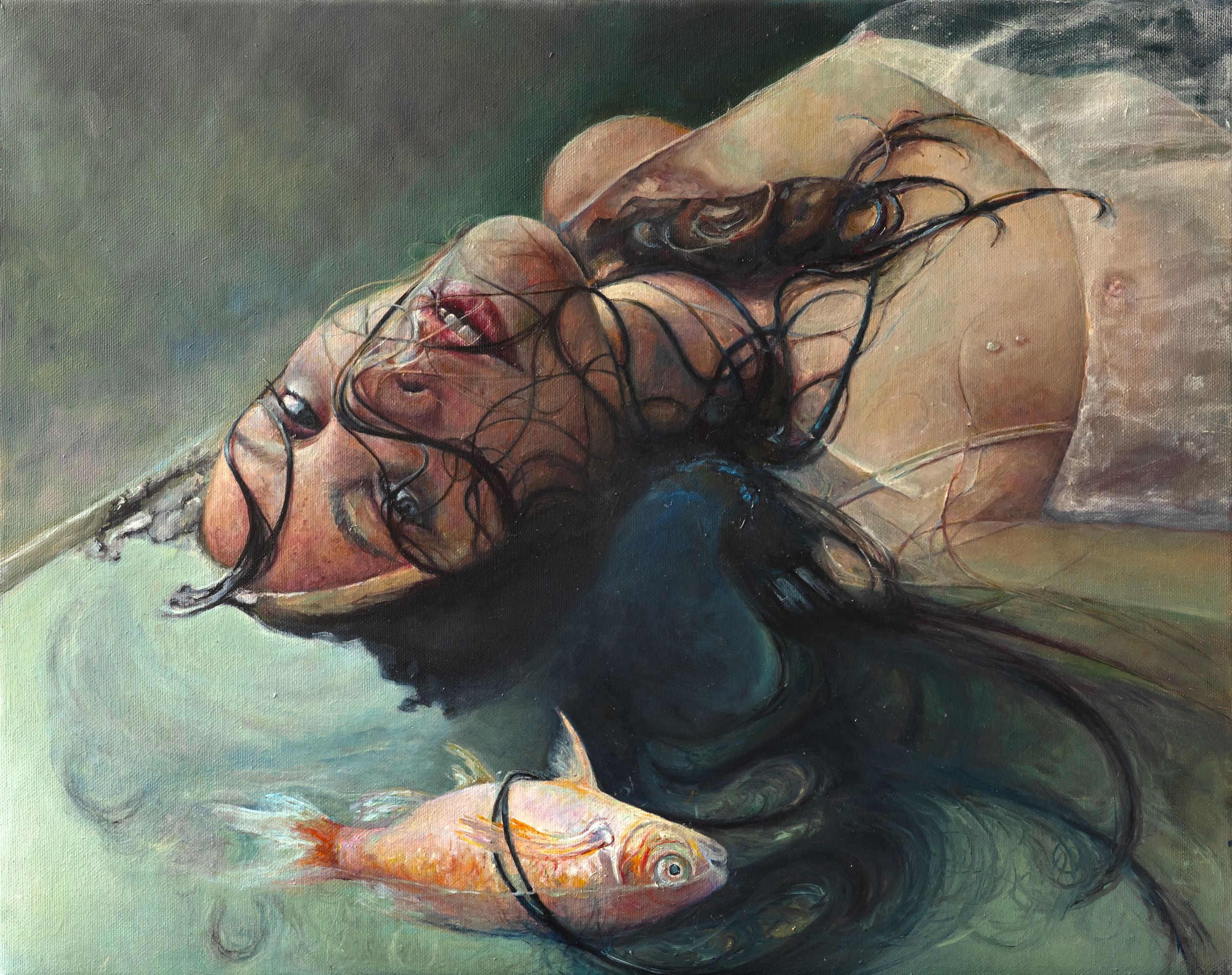 Rusalka and a golden fish, an oil painting of a woman lying in green water with her dark hair spread around her and a goldfish beside her